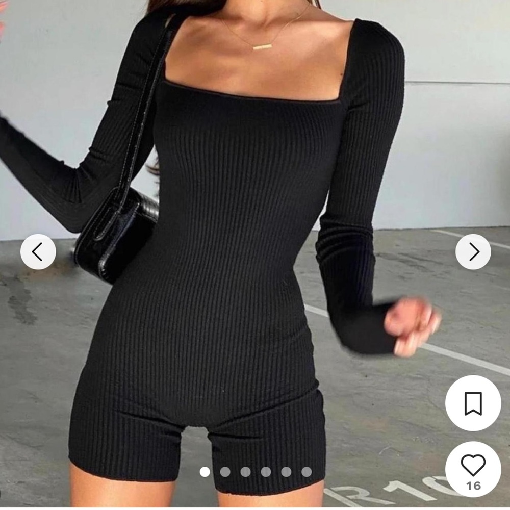 ARE YOU AM I Black Ribbed Square-Neck Long-Sleeve romper